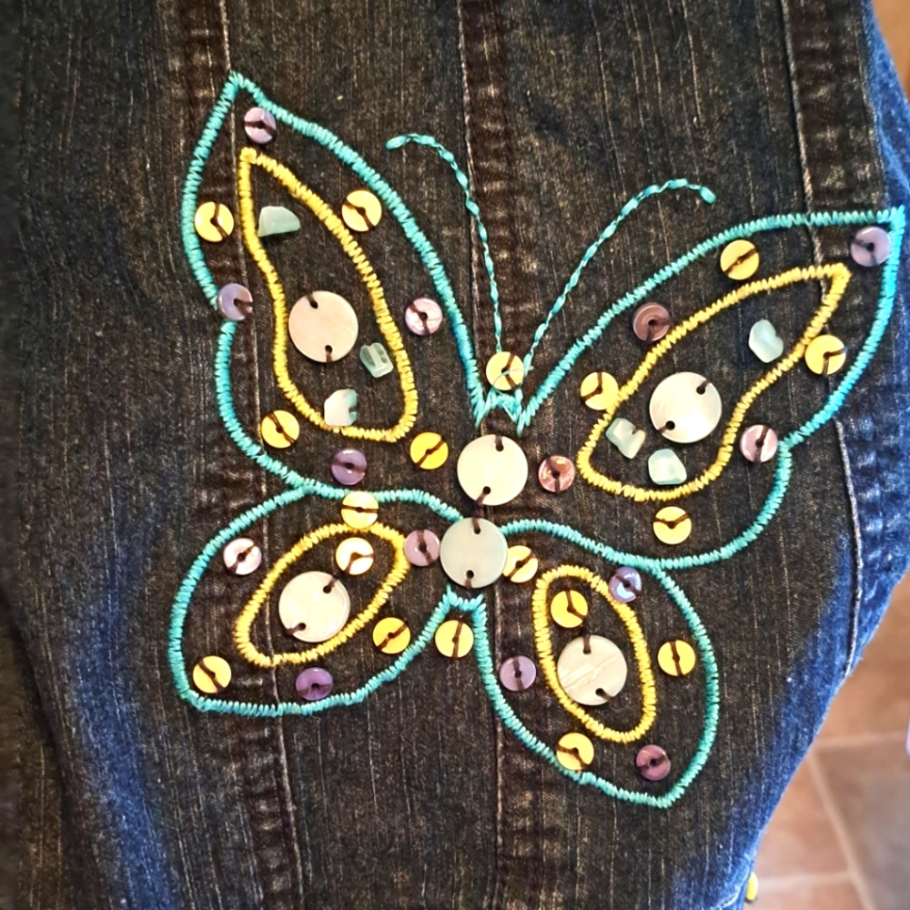 Alfred Dunner Denim Blue and Green Beaded Butterfly Jacket w/Embroidery Size 12